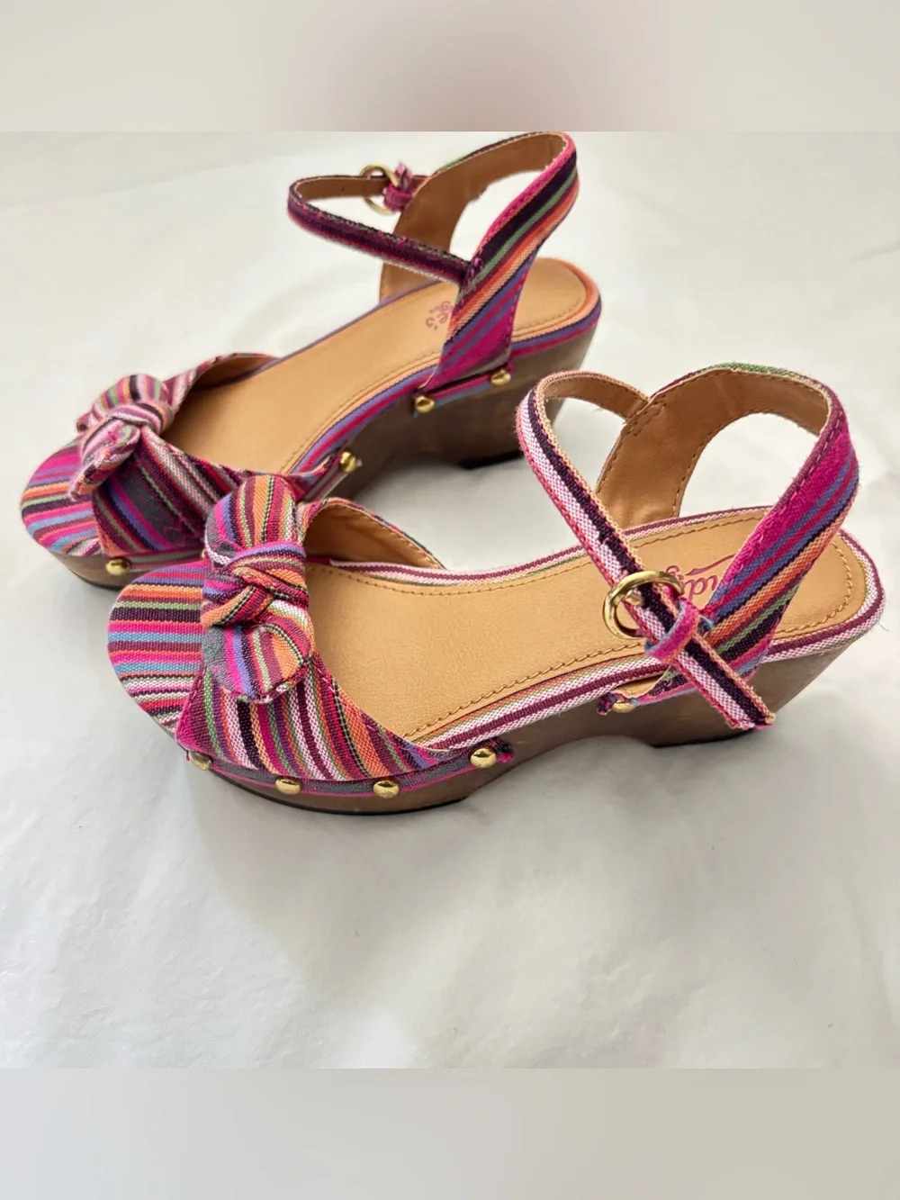 Candie's Pink Multi-Striped Ankle-Strap Wedge Sandals